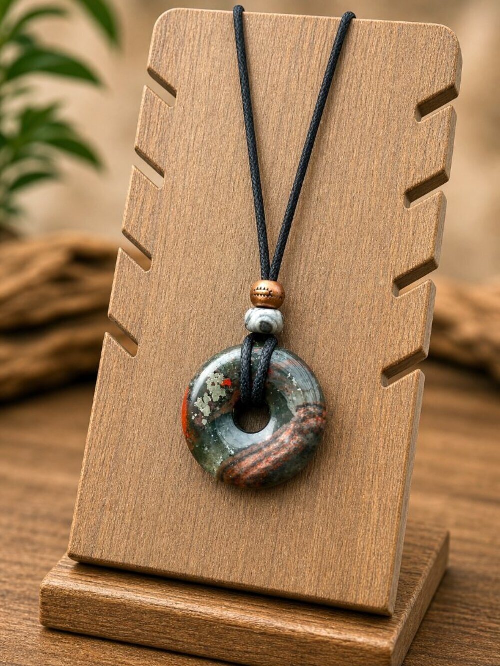African Bloodstone & Lucky Coin Pendant Necklace | Handmade - Picture 4 of 7